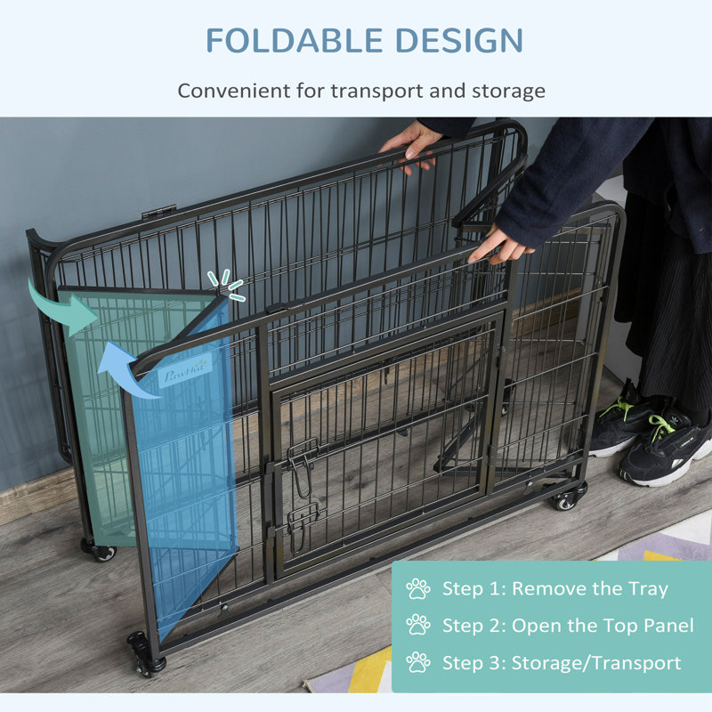 Tucker Murphy Pet Folding Design Heavy Duty Metal Dog Cage Crate Kennel With Removable Tray And Cover 4 Locking Wheels Indoor Outdoor Reviews Wayfair